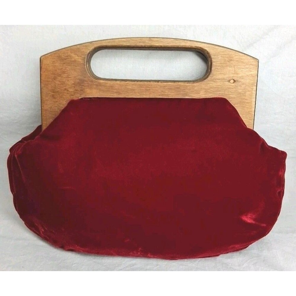 Vintage 70s Clutch Wood Handle Purse Velvet Boho Mid Century - Modern Minimalist
